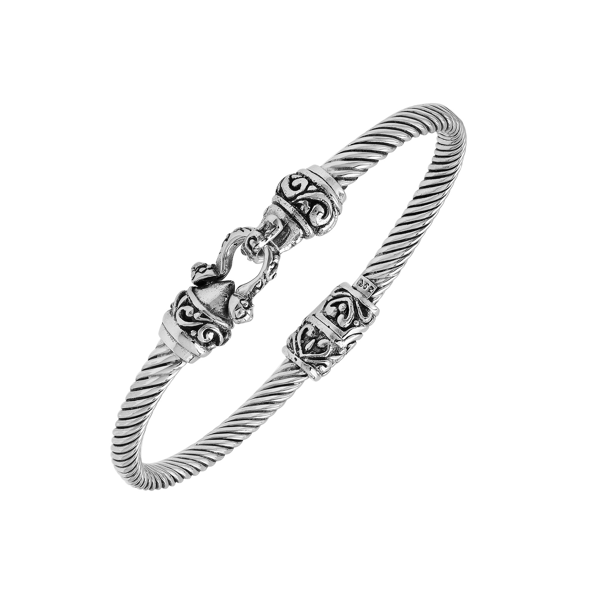 Handcrafted sterling silver Balinese hook bangle with twisted wire design made in Bali.