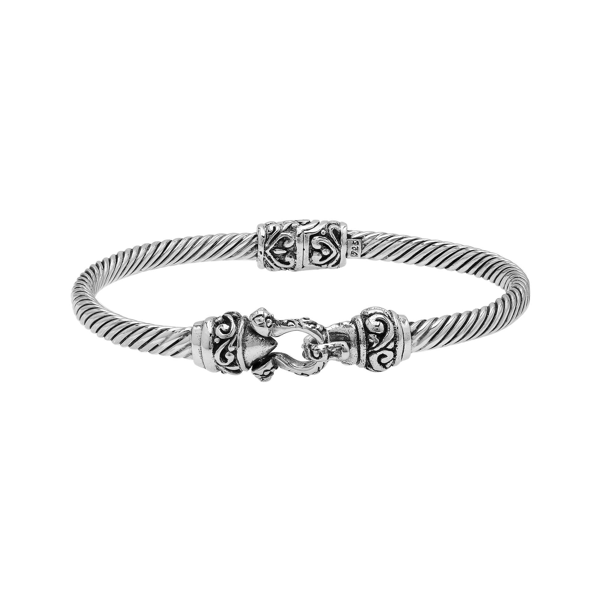 Handcrafted sterling silver Balinese hook bangle with twisted wire design made in Bali.