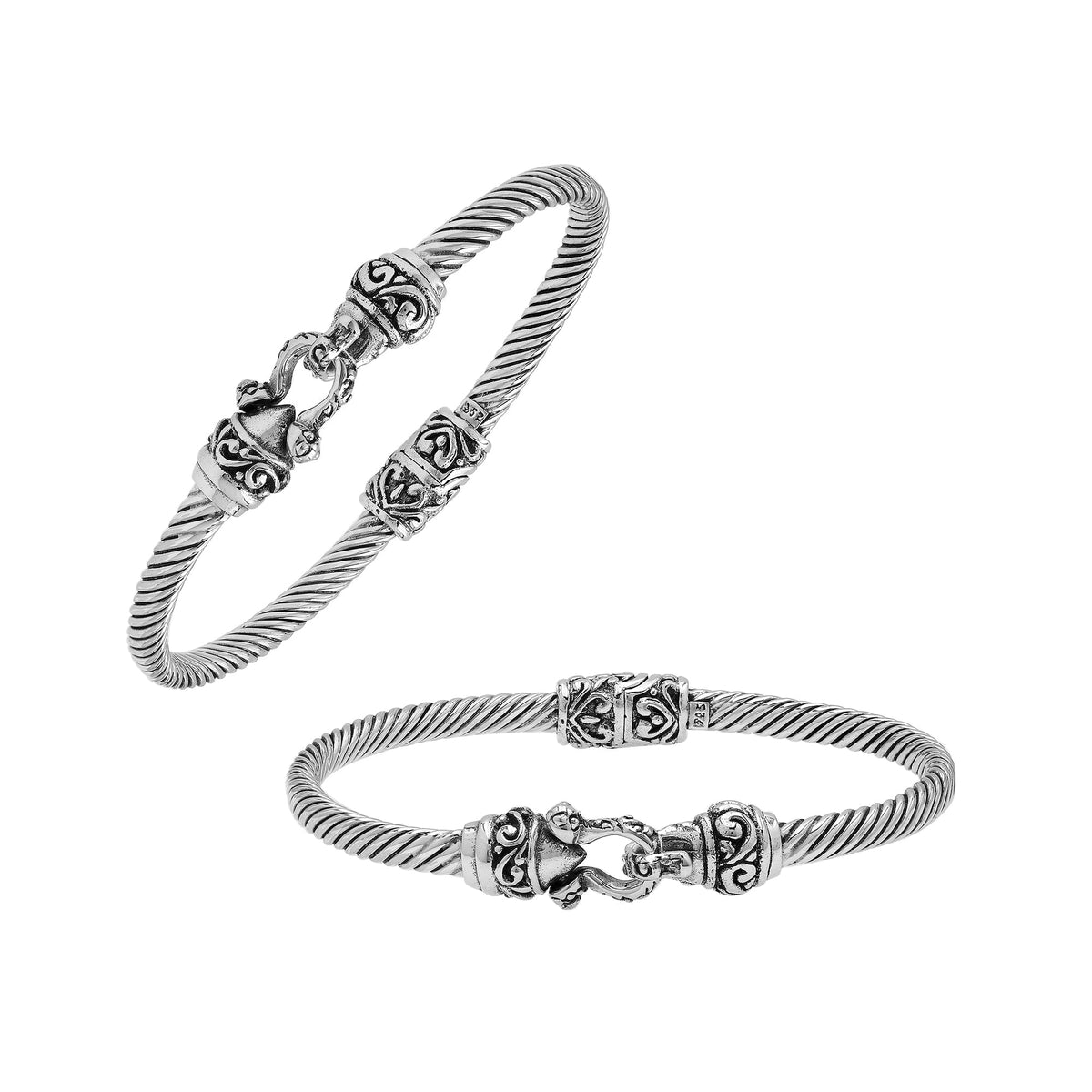 Handcrafted sterling silver Balinese hook bangle with twisted wire design made in Bali.