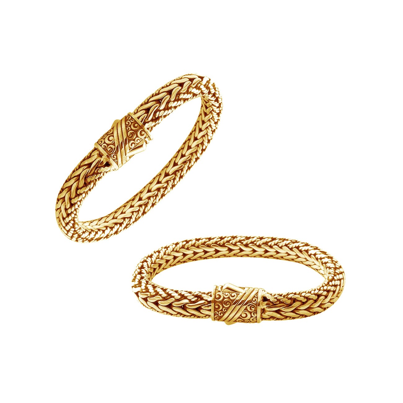 Handcrafted 18K gold plated sterling silver braided bracelet with ornate clasp made in Bali.
