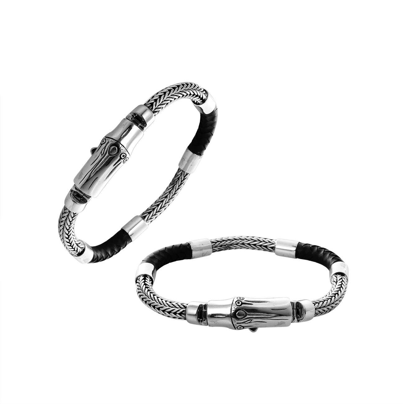 Sterling Silver Black Leather Braided Chain Bracelet With Push Clasp