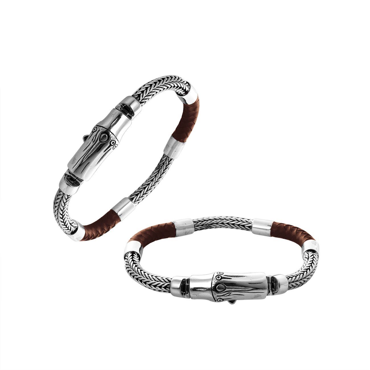 Sterling Silver Brown Leather Braided Chain Bracelet With Push Clasp