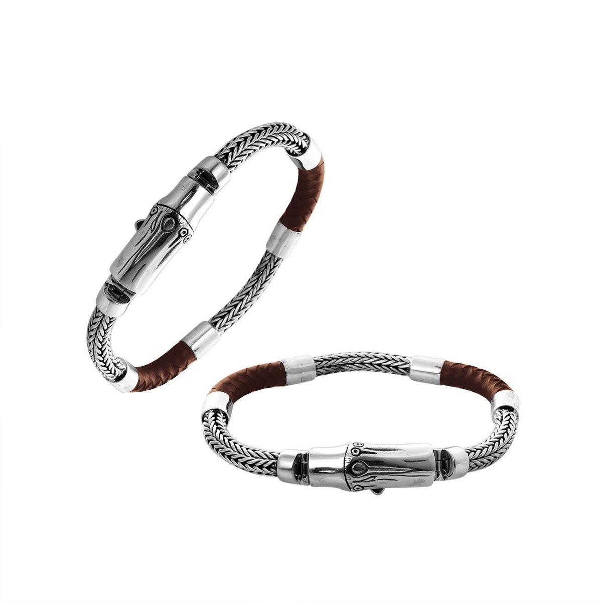 Sterling Silver Brown Leather Braided Chain Bracelet With Push Clasp