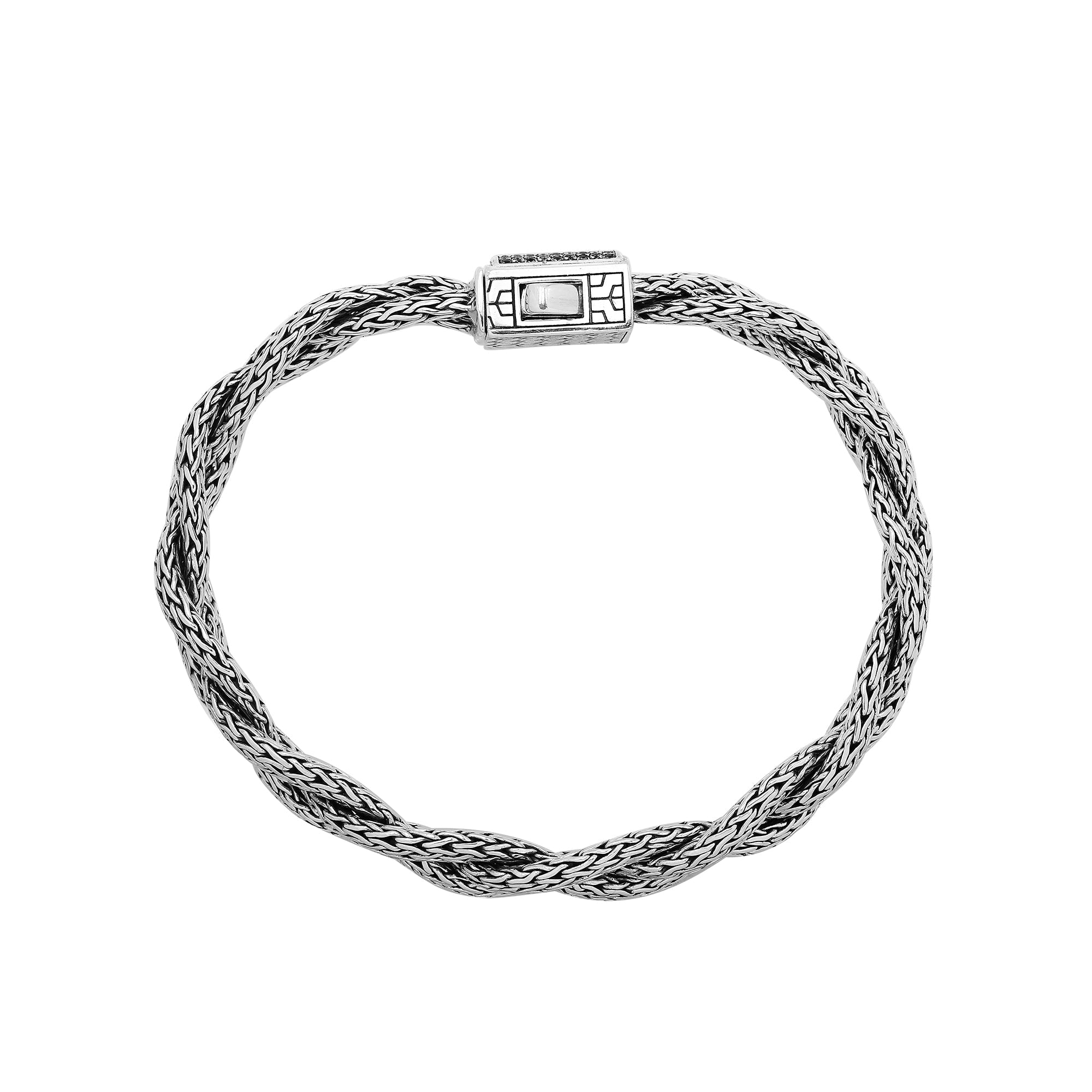 Sterling Silver Twisted Bracelet With Black Zirconia Square Clasp