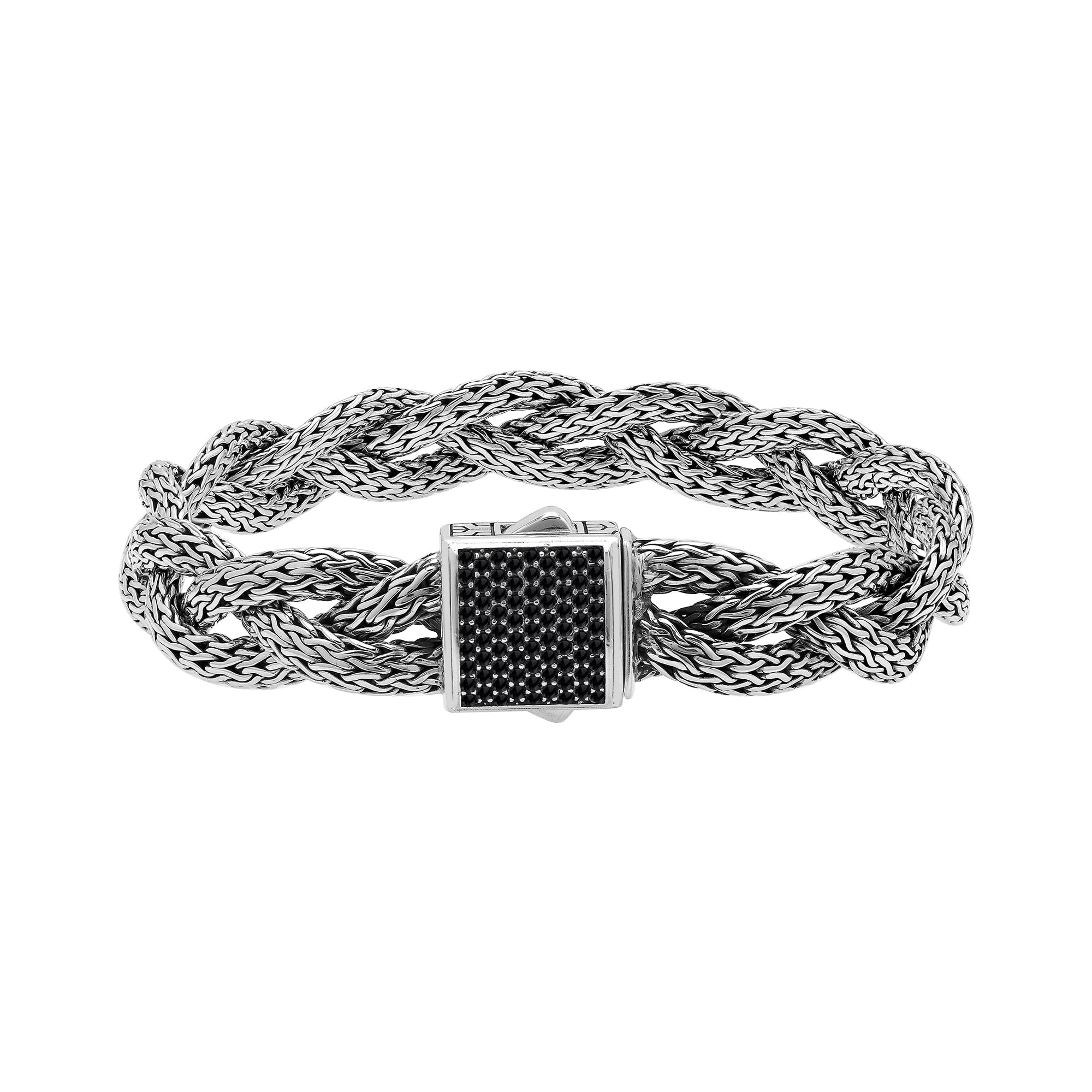 Sterling Silver Twisted Bracelet With Black Zirconia Square Clasp