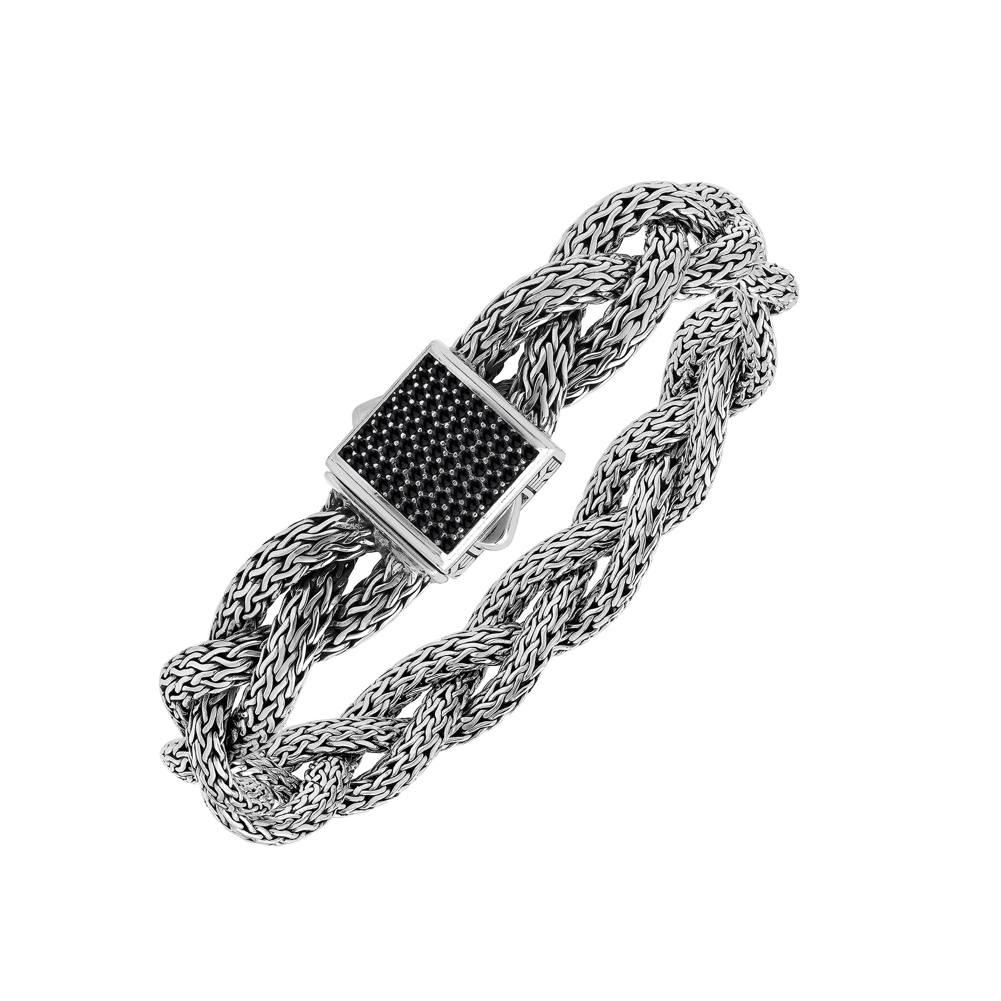 Sterling Silver Twisted Bracelet With Black Zirconia Square Clasp