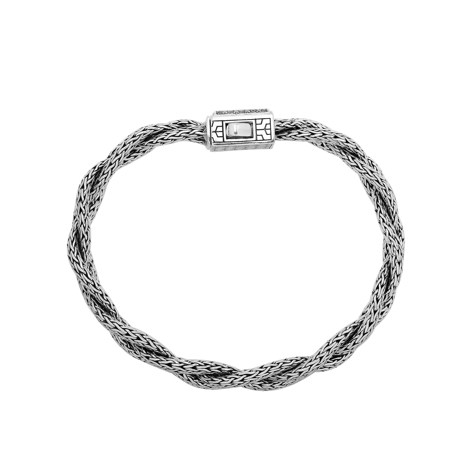 Sterling Silver Twisted Bracelet With White Cubic Zirconia Square Clasp