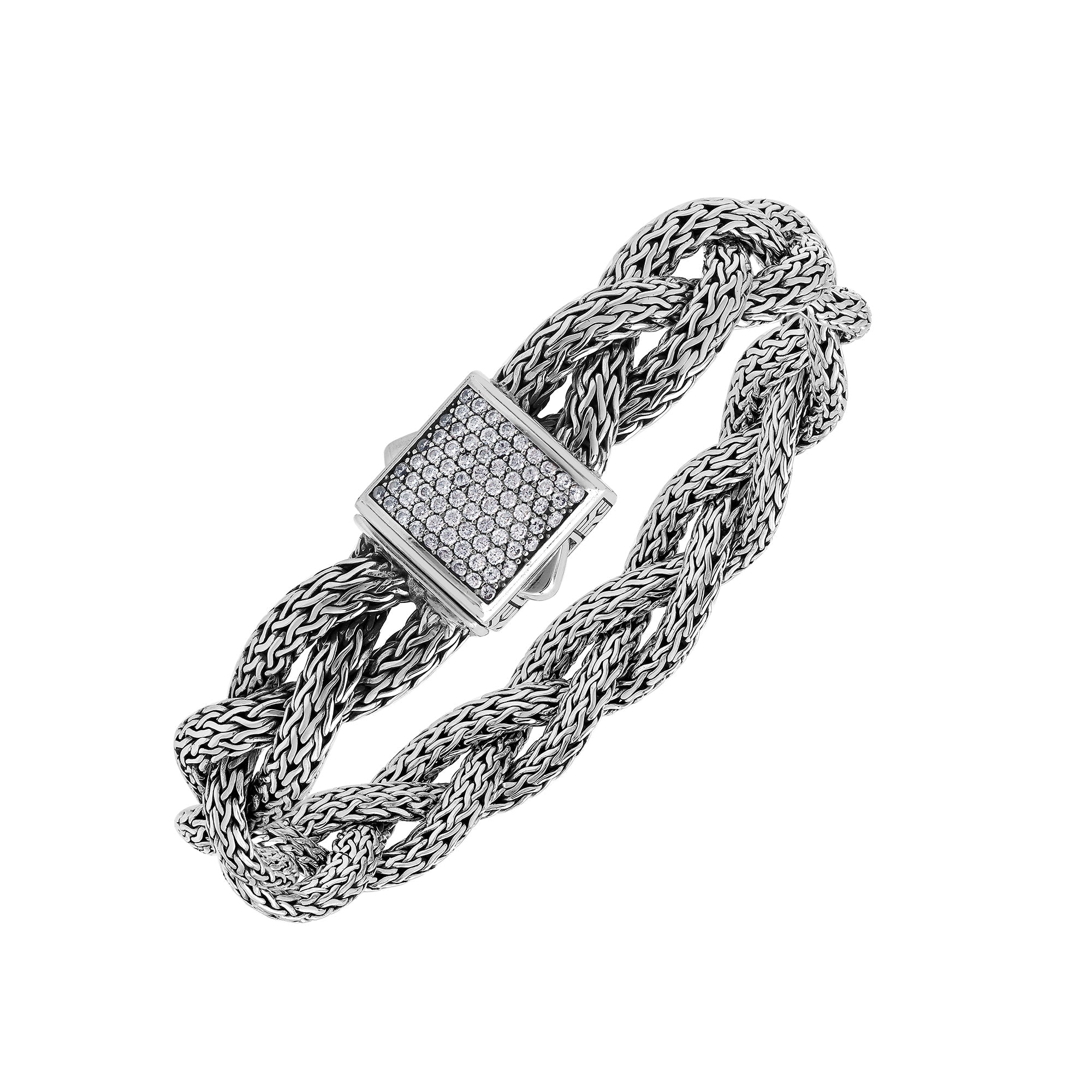 Sterling Silver Twisted Bracelet With White Cubic Zirconia Square Clasp