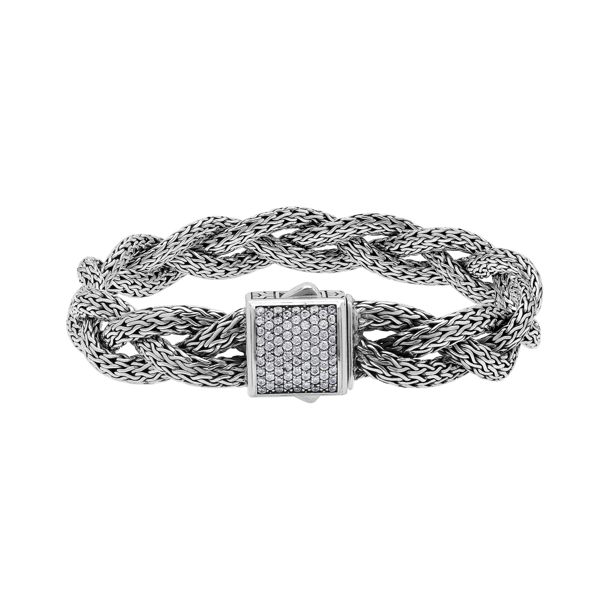 Sterling Silver Twisted Bracelet With White Cubic Zirconia Square Clasp