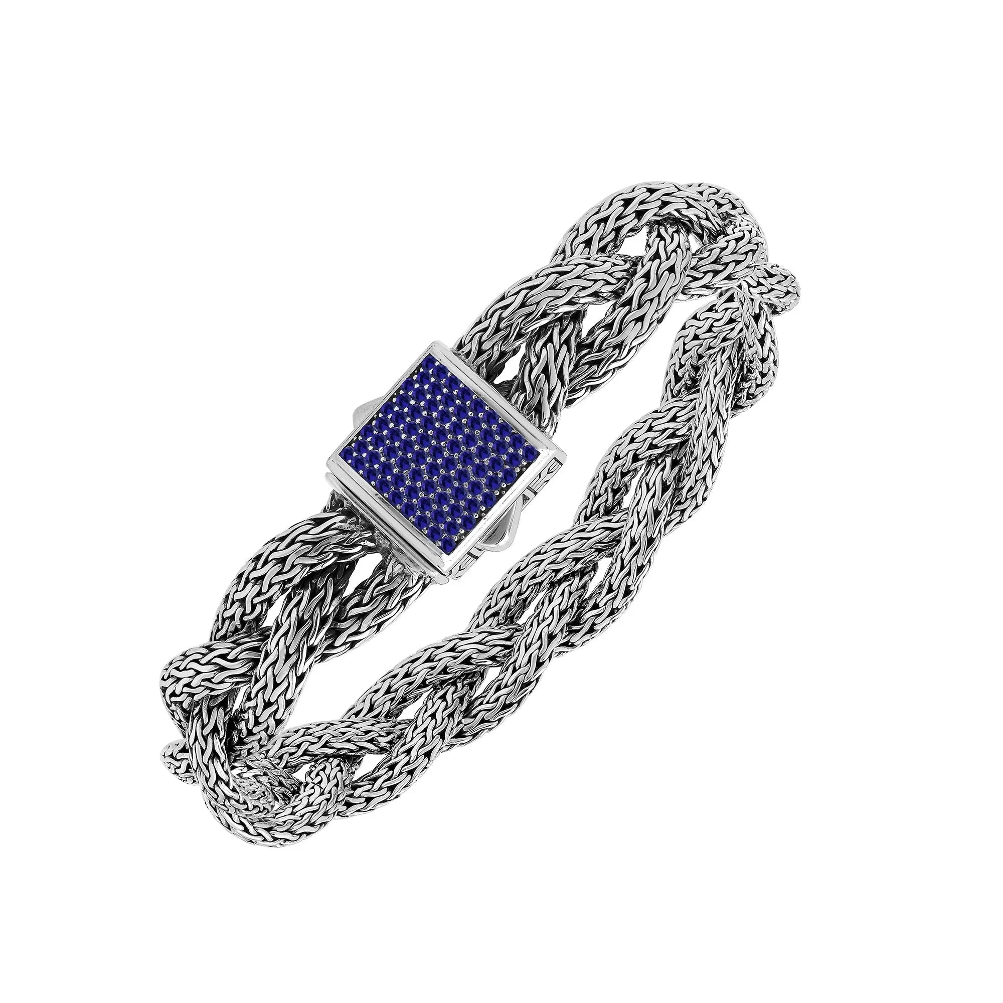 Sterling Silver Twisted Bracelet With Sapphire Quartz Square Clasp