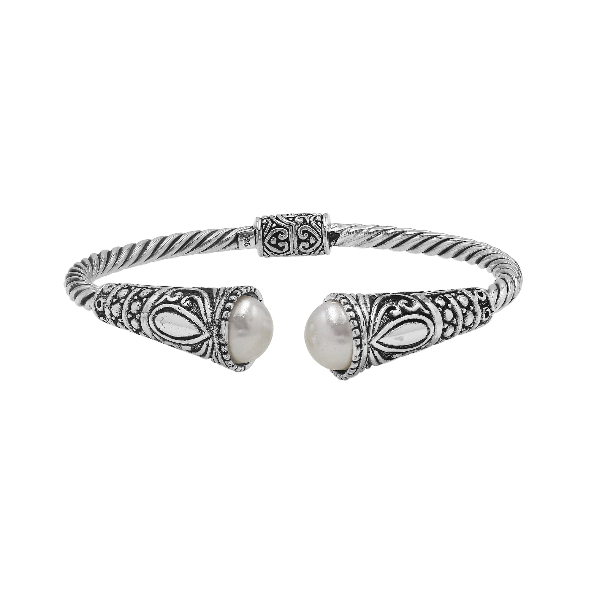 Elegant sterling silver open bangle with pearl accents and detailed Balinese pattern