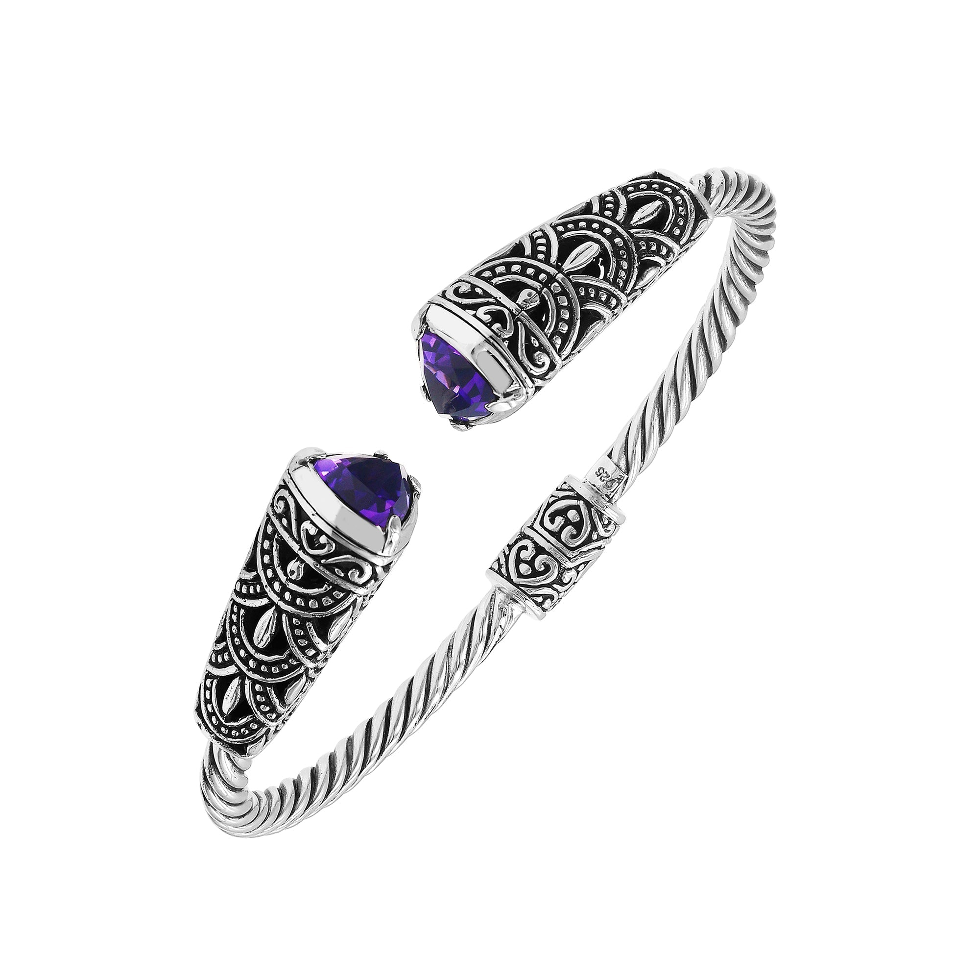 Elegant sterling silver open bangle with amethyst quartz accents and Balinese pattern