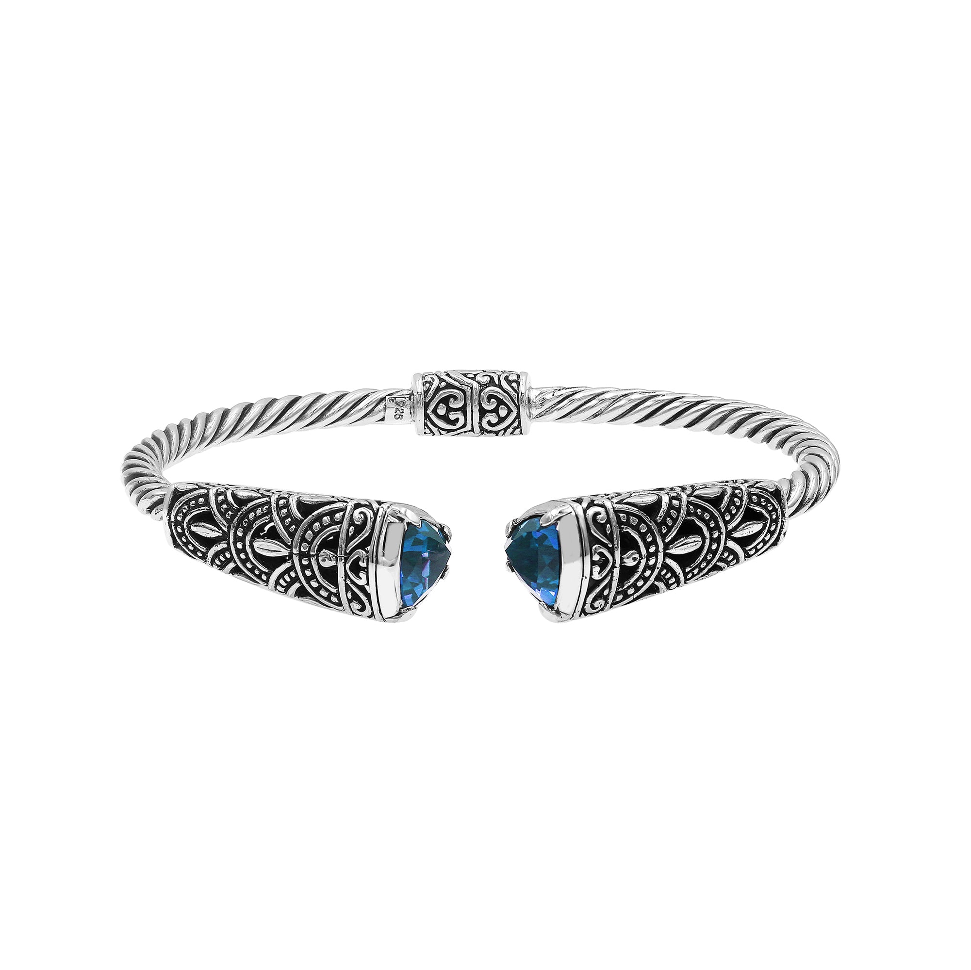 Elegant sterling silver open bangle with blue topaz quartz accents and Balinese detailing