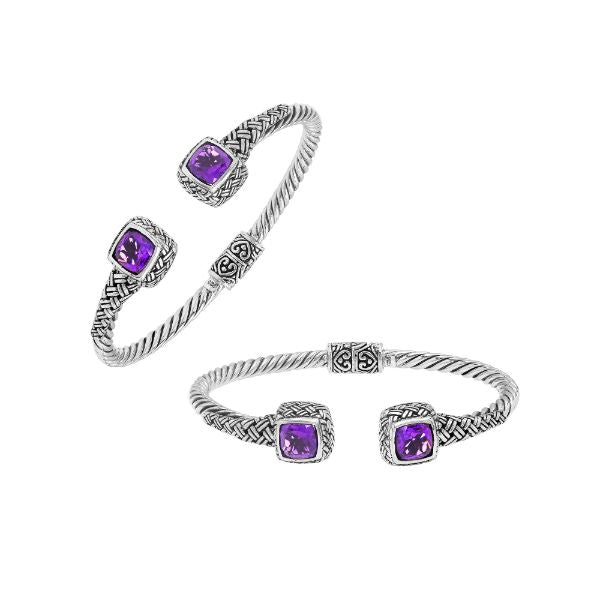 Elegant sterling silver braided bangle with amethyst quartz accents and Balinese detailing