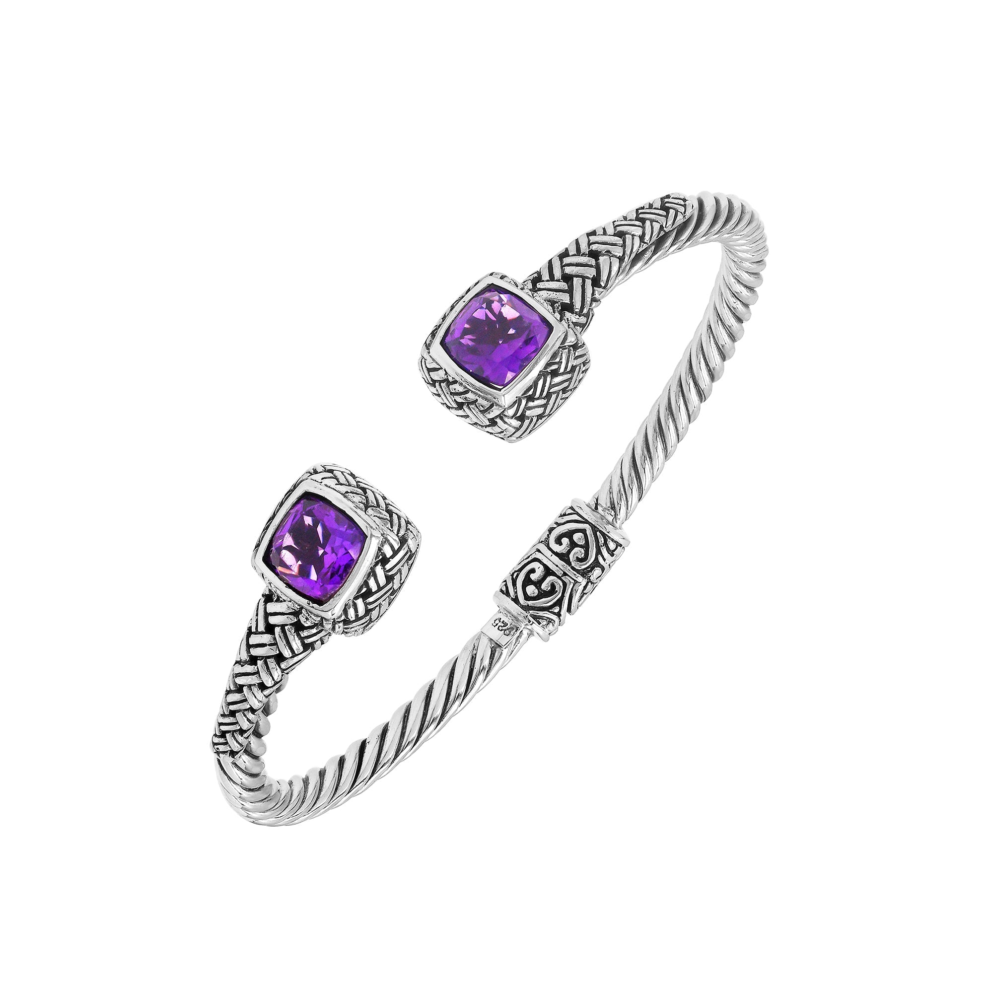 Elegant sterling silver braided bangle with amethyst quartz accents and Balinese detailing