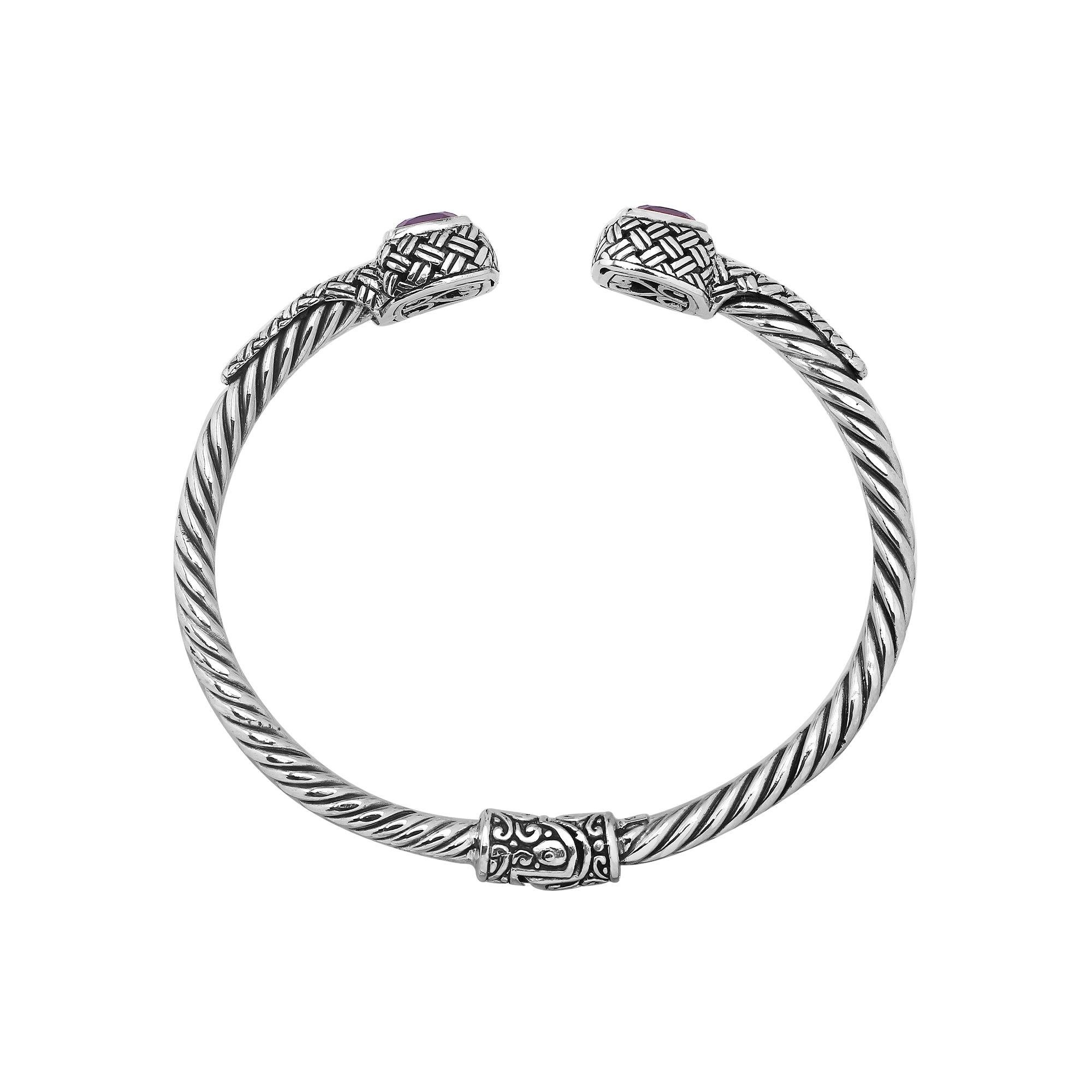 Elegant sterling silver braided bangle with amethyst quartz accents and Balinese detailing