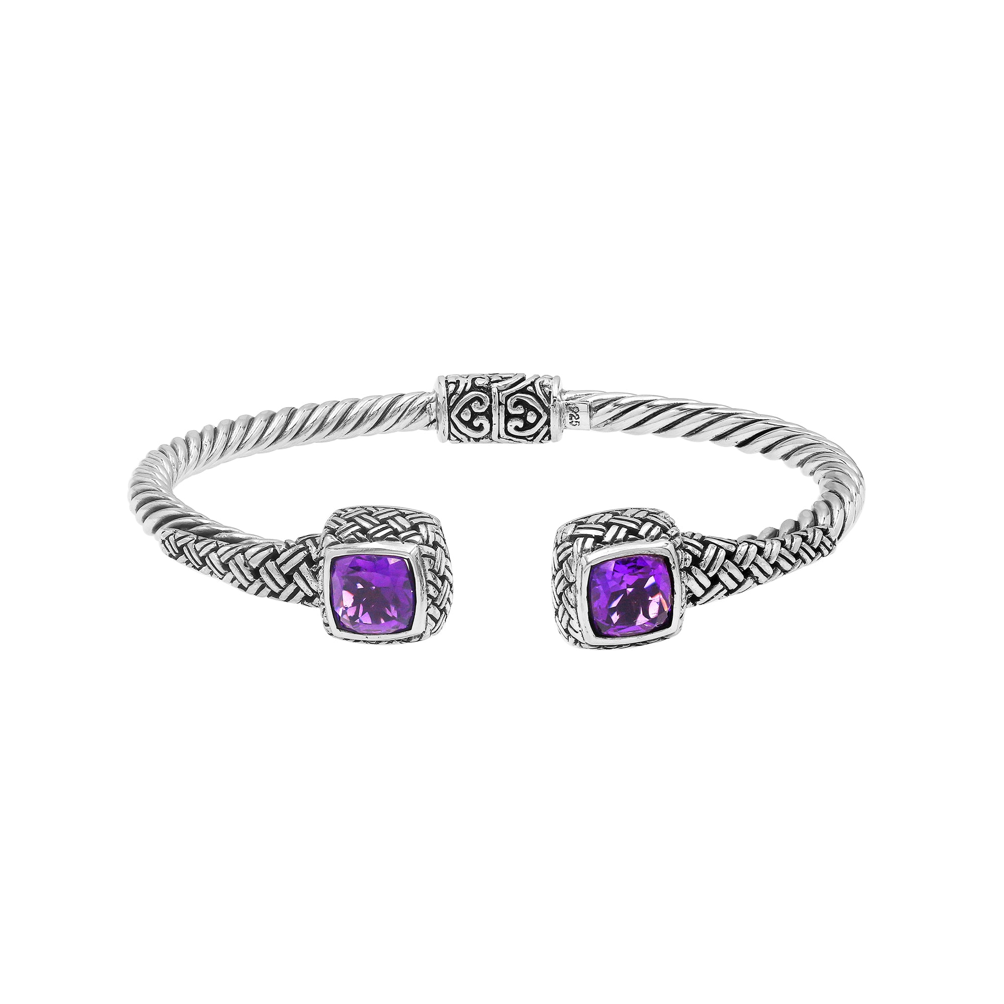 Elegant sterling silver braided bangle with amethyst quartz accents and Balinese detailing