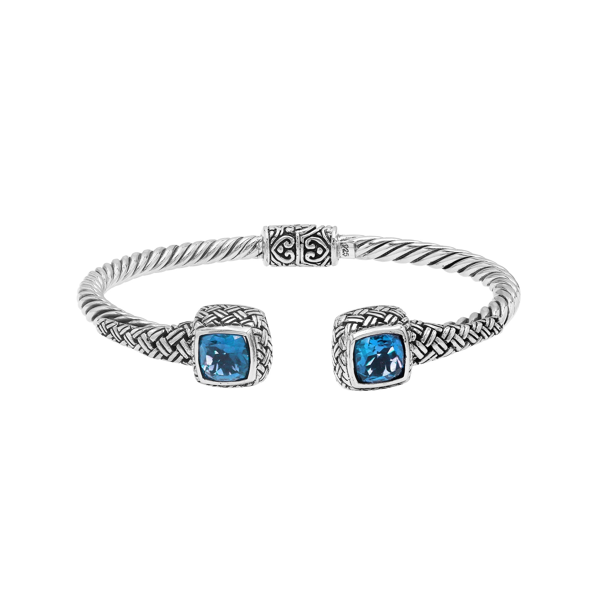 Elegant sterling silver braided bangle with blue topaz quartz accents and intricate Balinese pattern