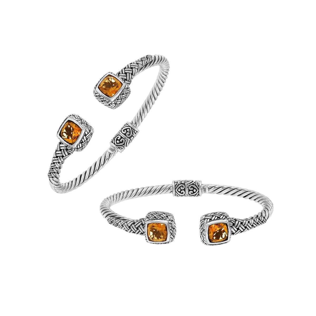 Elegant sterling silver braided bangle with citrine quartz accents and intricate Balinese pattern