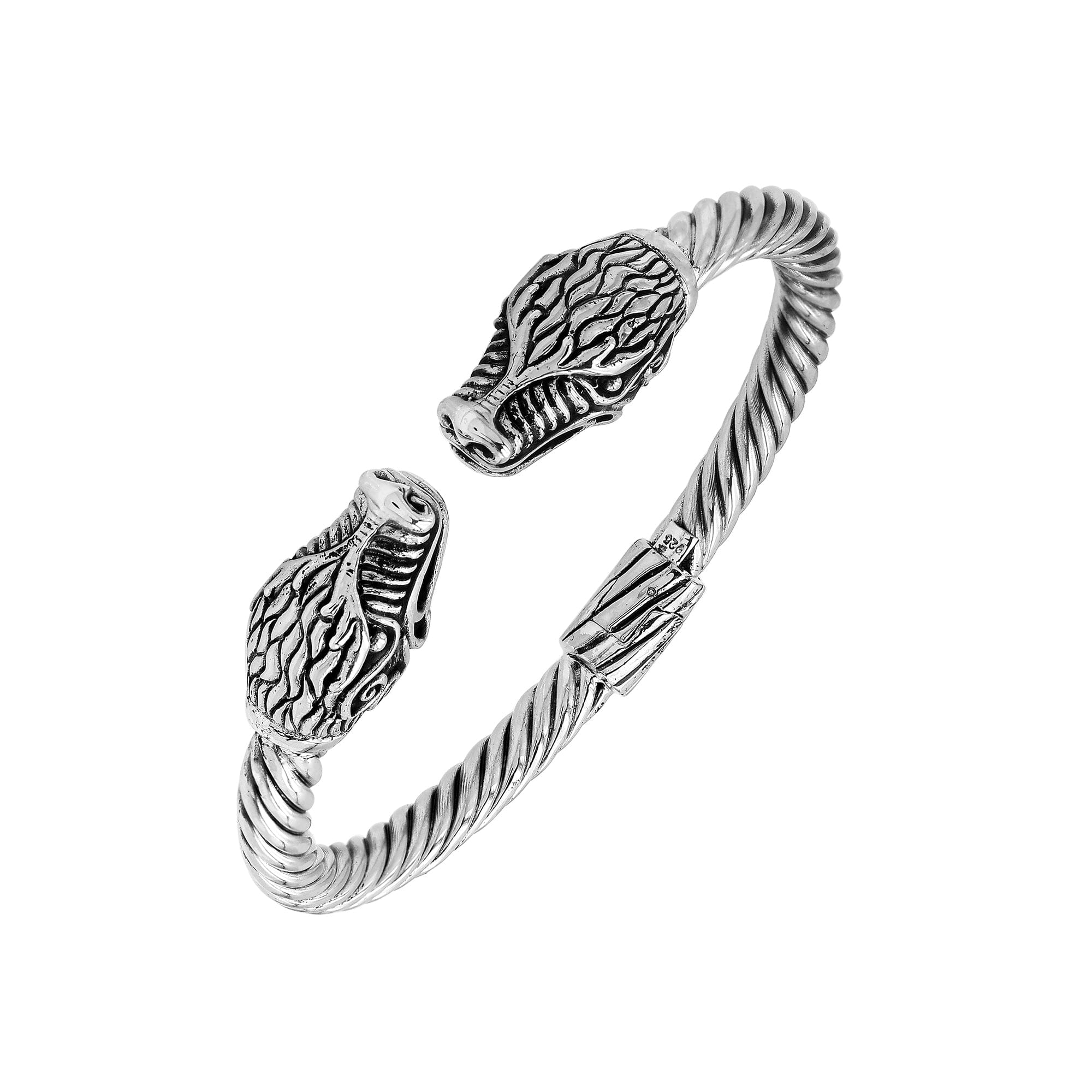 Sterling silver open bangle with dragon head motifs and twisted Balinese design