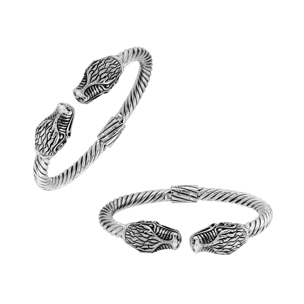 Sterling silver open bangle with dragon head motifs and twisted Balinese design