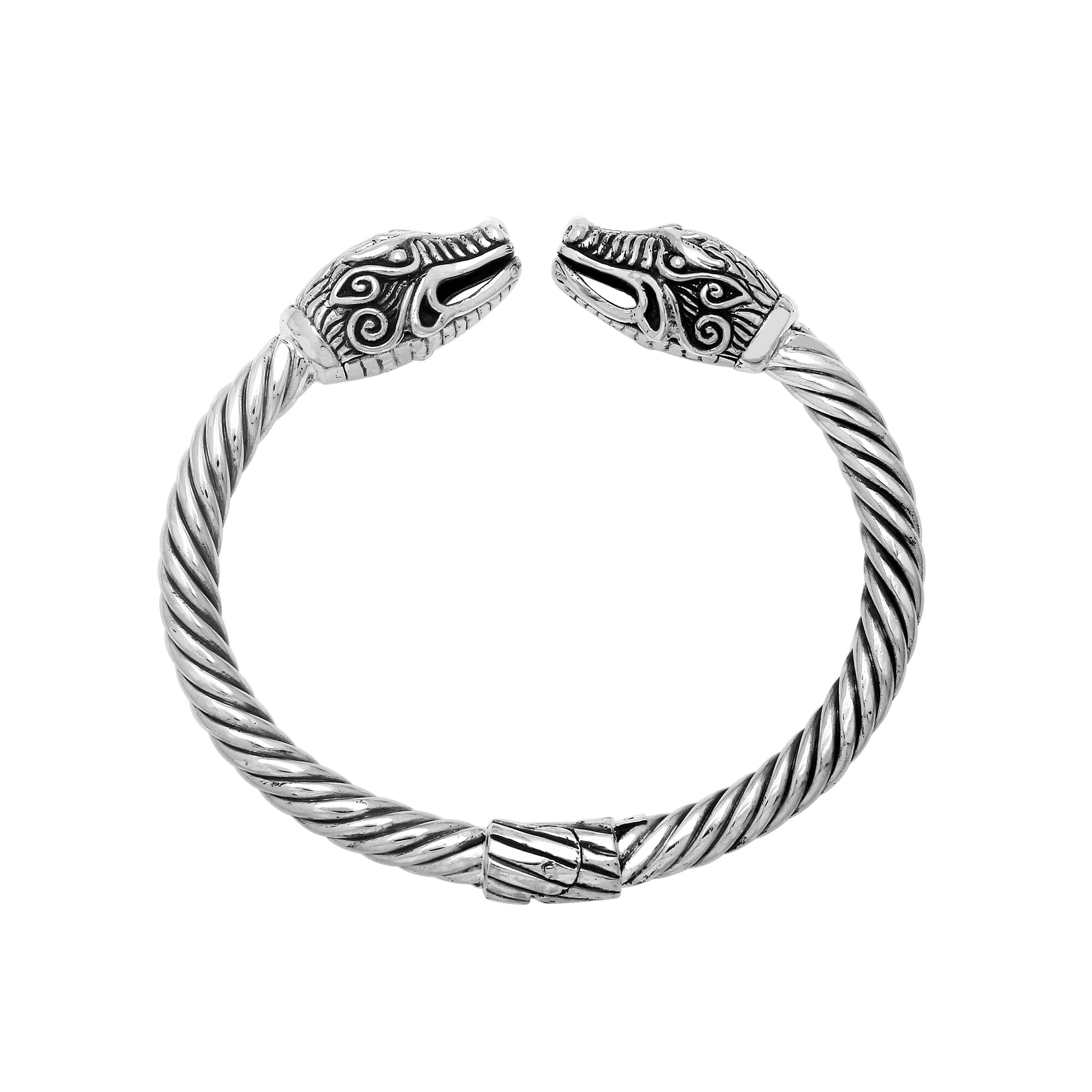 Sterling silver open bangle with dragon head motifs and twisted Balinese design