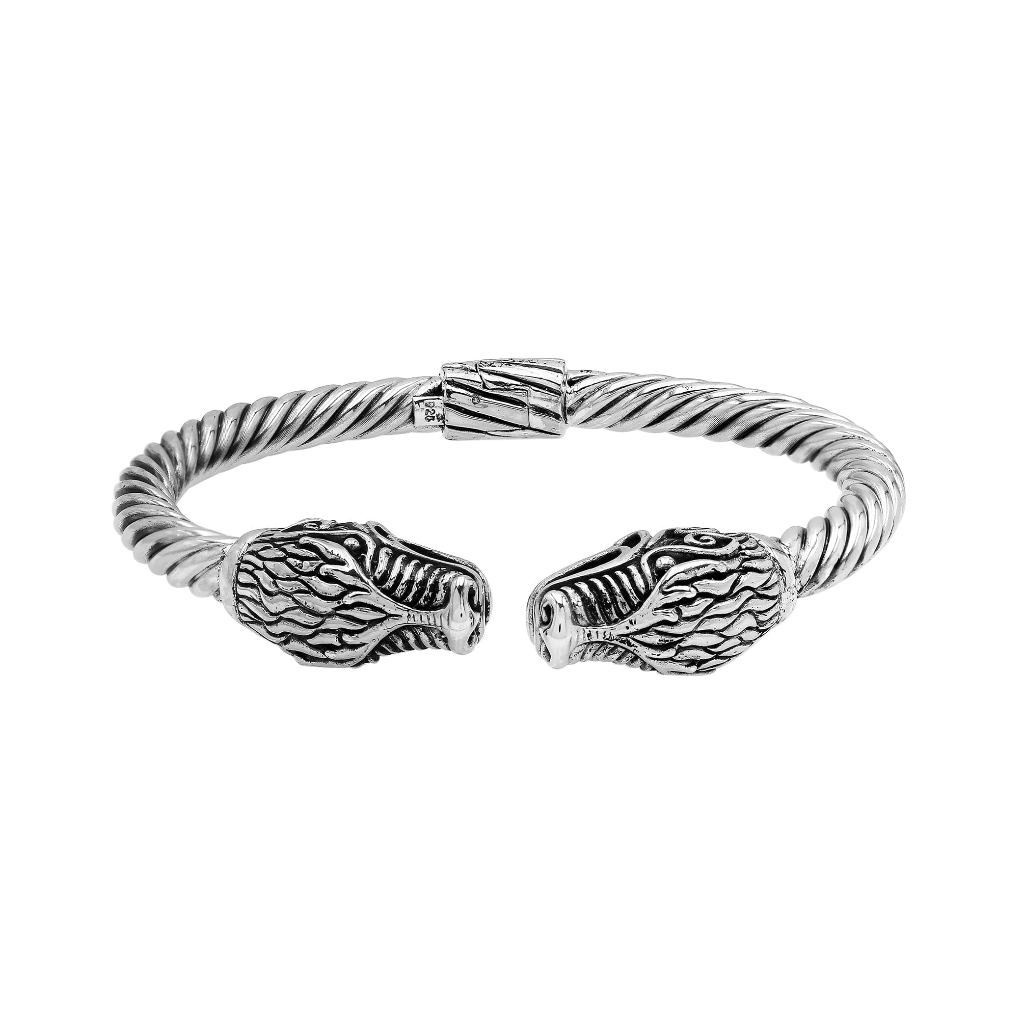Sterling silver open bangle with dragon head motifs and twisted Balinese design