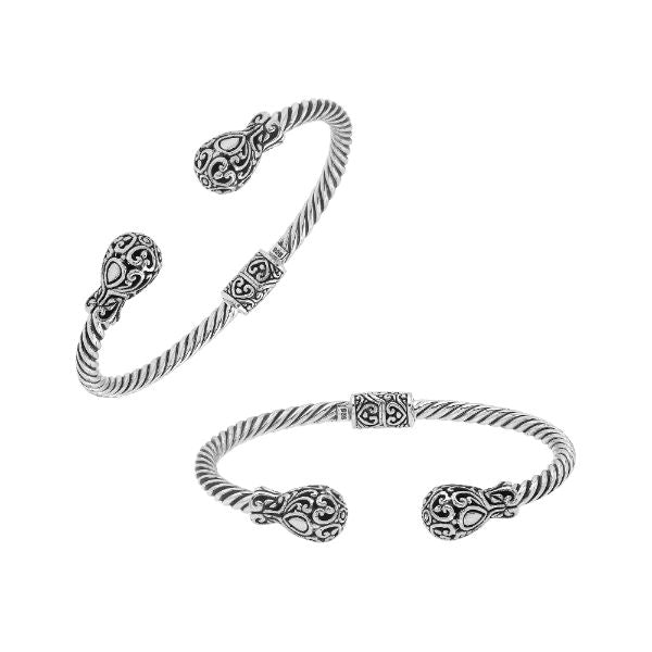 Elegant sterling silver open bangle with twisted rope design and Balinese engraving