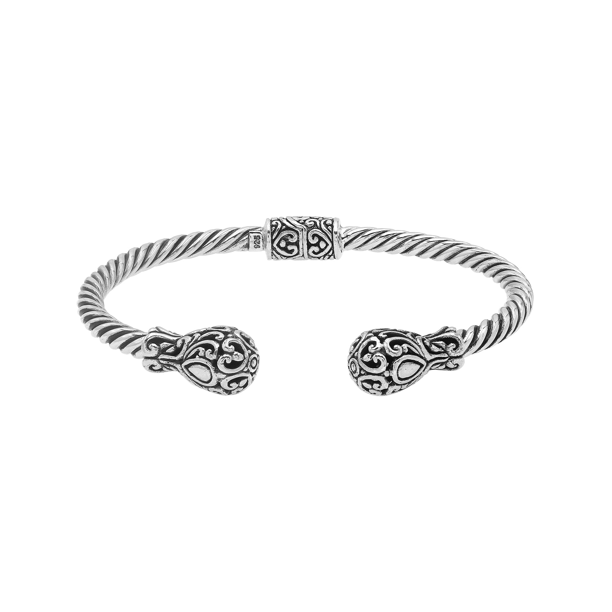 Elegant sterling silver open bangle with twisted rope design and Balinese engraving