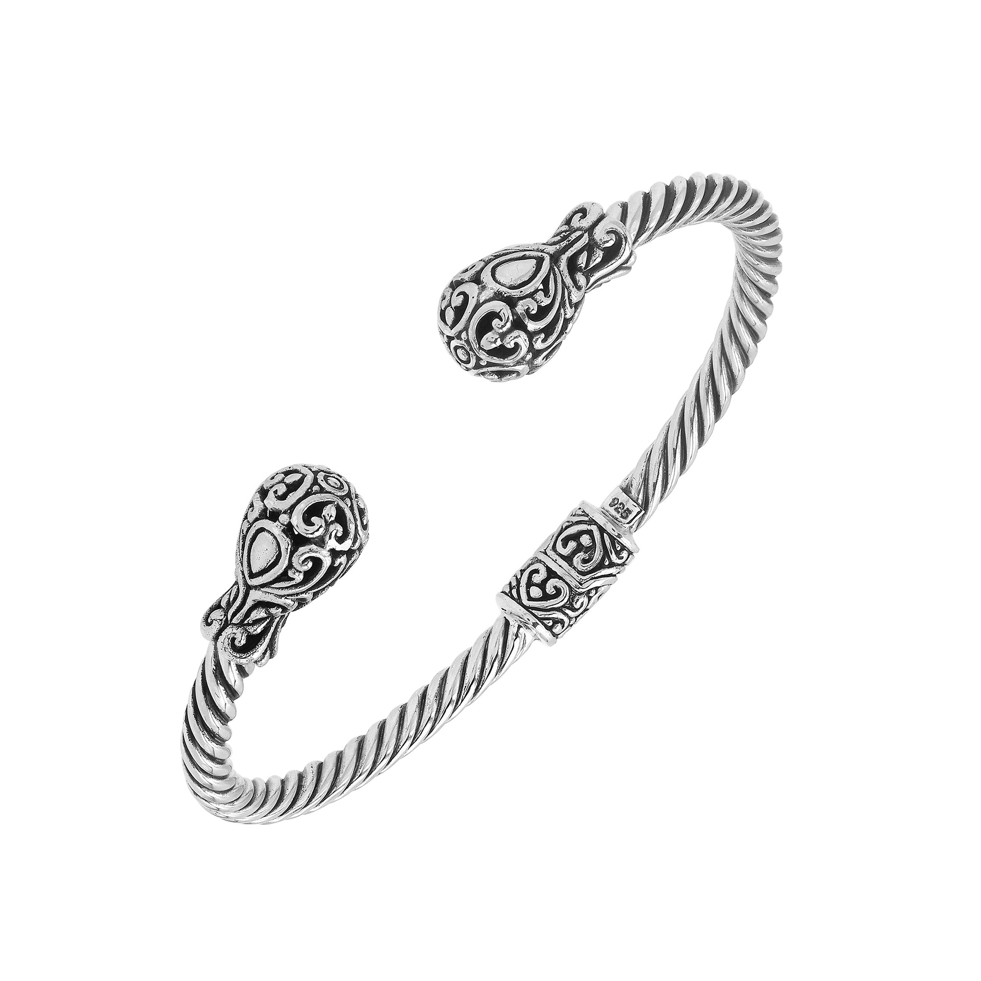 Elegant sterling silver open bangle with twisted rope design and Balinese engraving