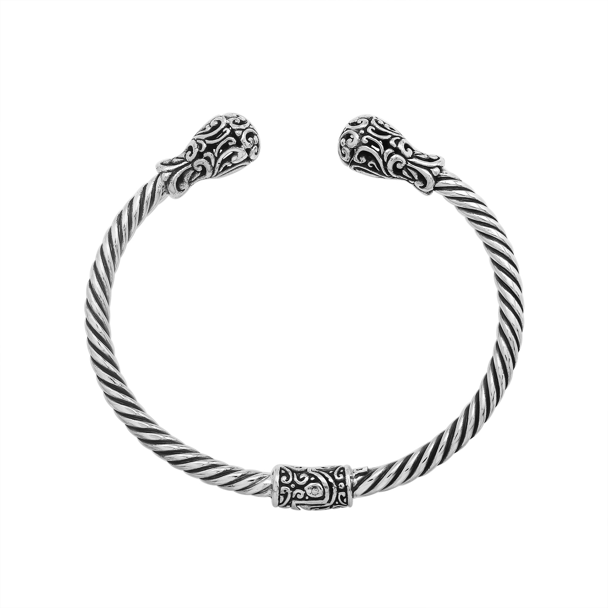 Elegant sterling silver open bangle with twisted rope design and Balinese engraving