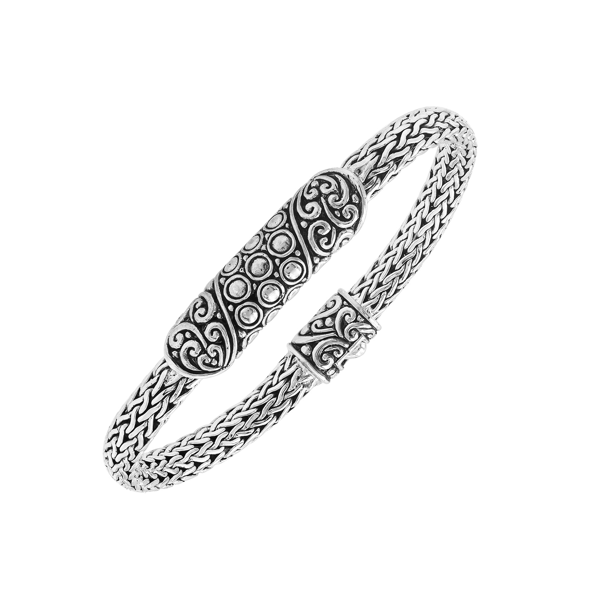 Elegant sterling silver Byzantine bracelet with Balinese bar detailing and oxidized pattern