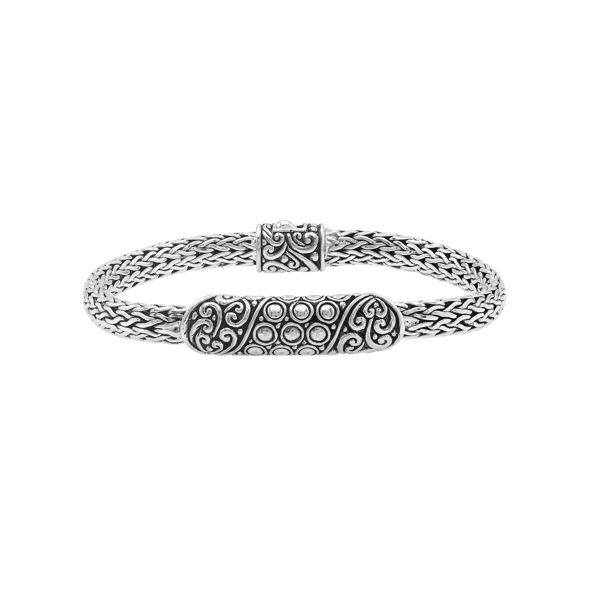 Elegant sterling silver Byzantine bracelet with Balinese bar detailing and oxidized pattern
