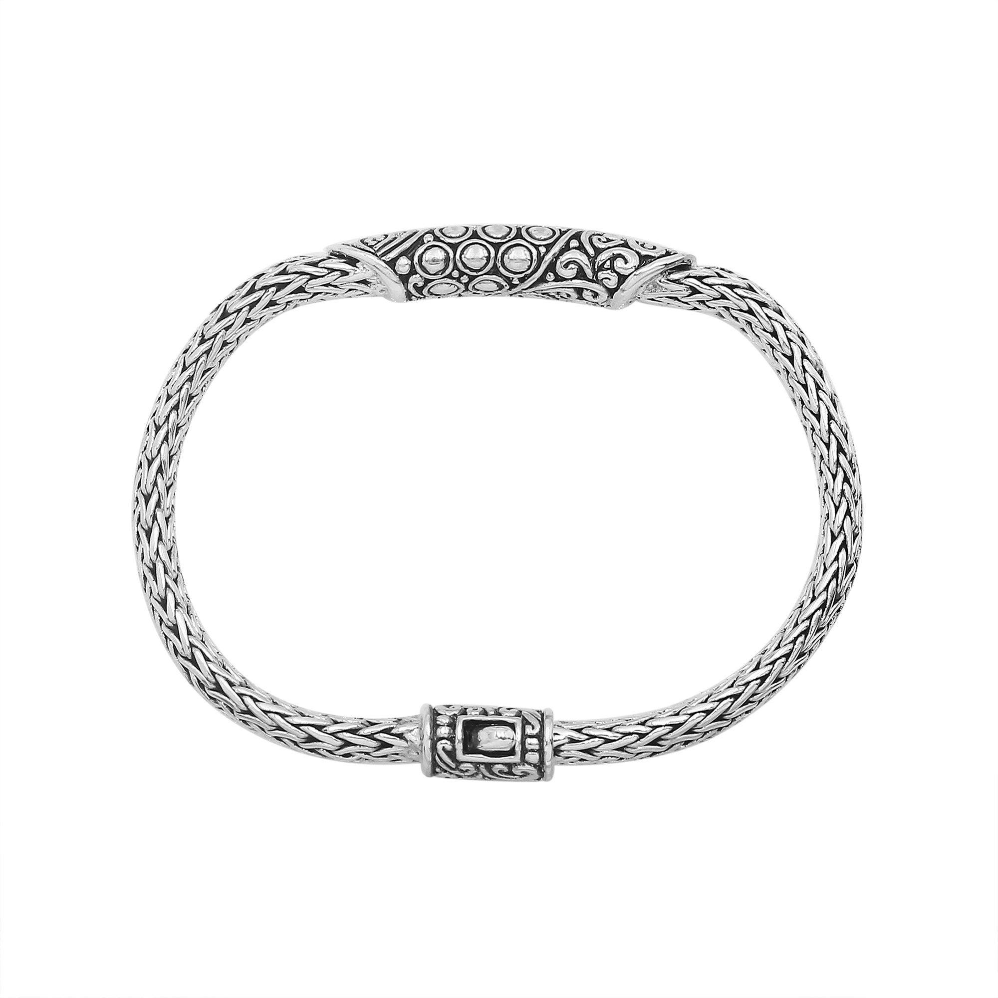 Elegant sterling silver Byzantine bracelet with Balinese bar detailing and oxidized pattern
