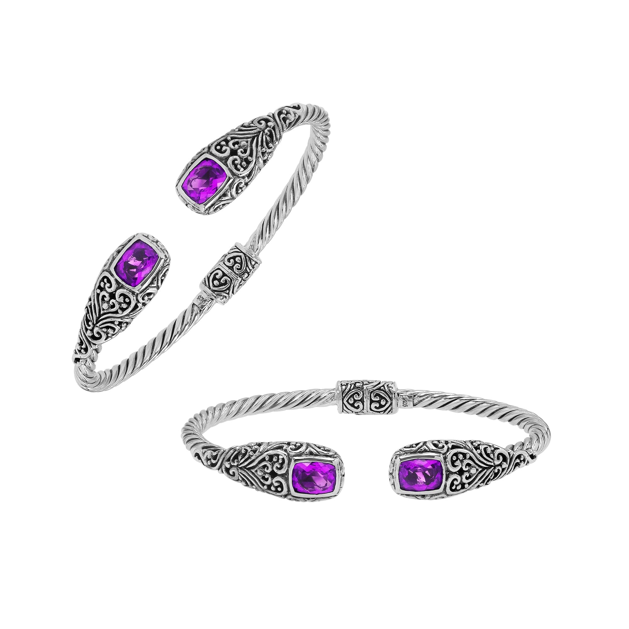 Elegant sterling silver open bangle with amethyst quartz accents and Balinese engraved pattern