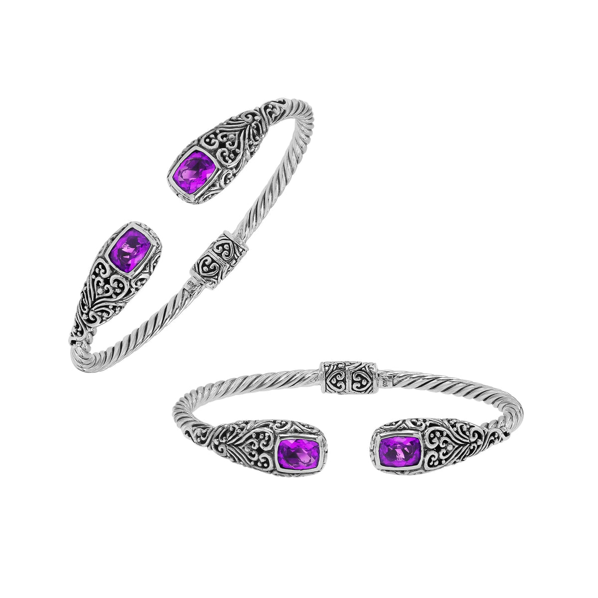 Elegant sterling silver open bangle with amethyst quartz accents and Balinese engraved pattern