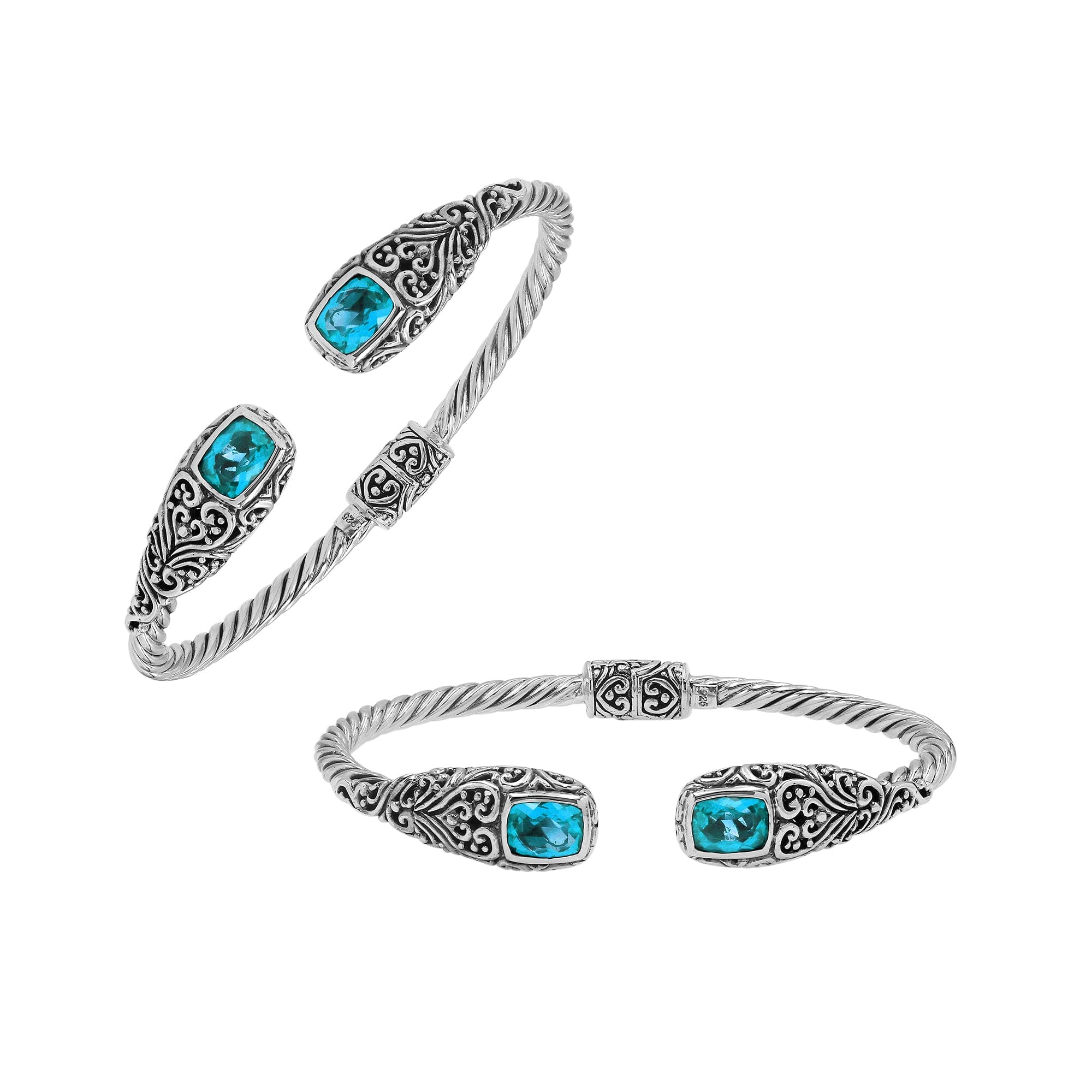 Elegant sterling silver open bangle with blue topaz quartz accents and Balinese engraved pattern
