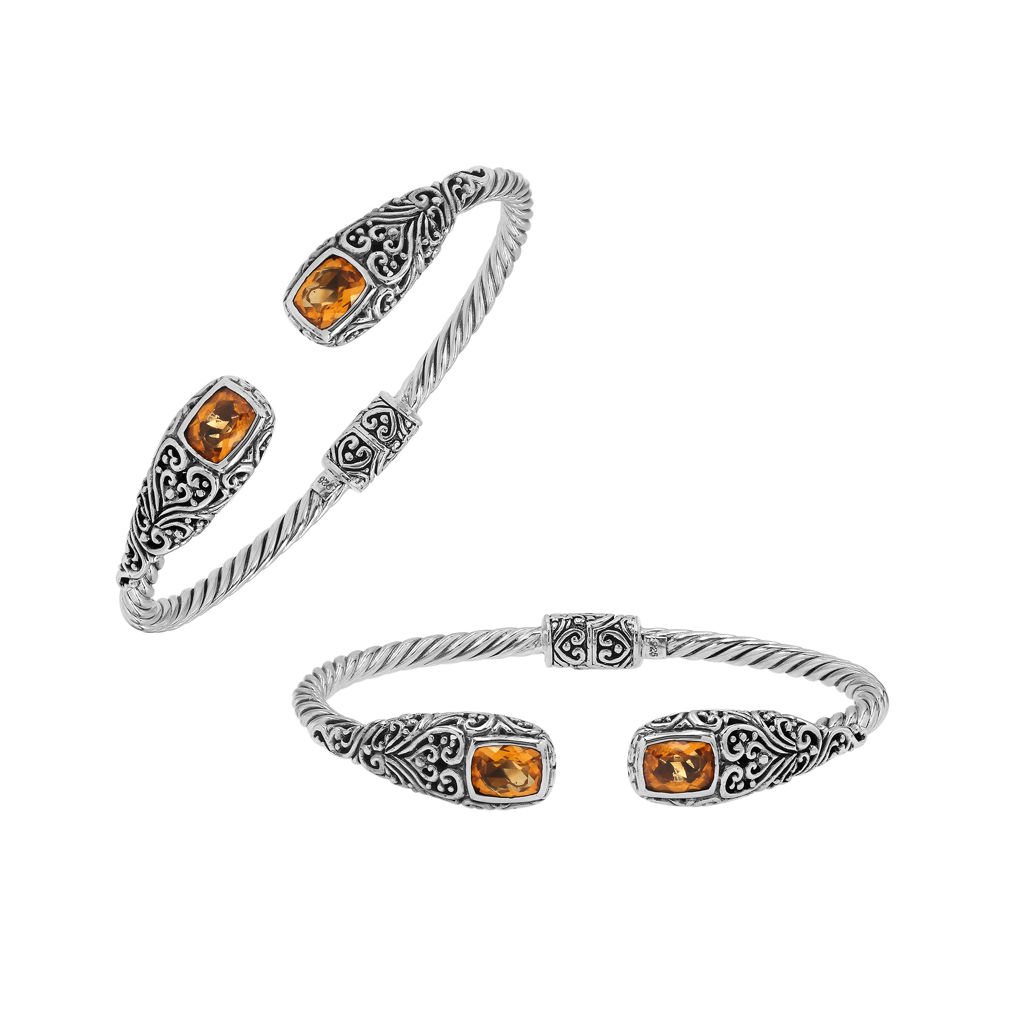 Sterling silver twisted bangle with citrine quartz ends and Balinese oxidized detailing