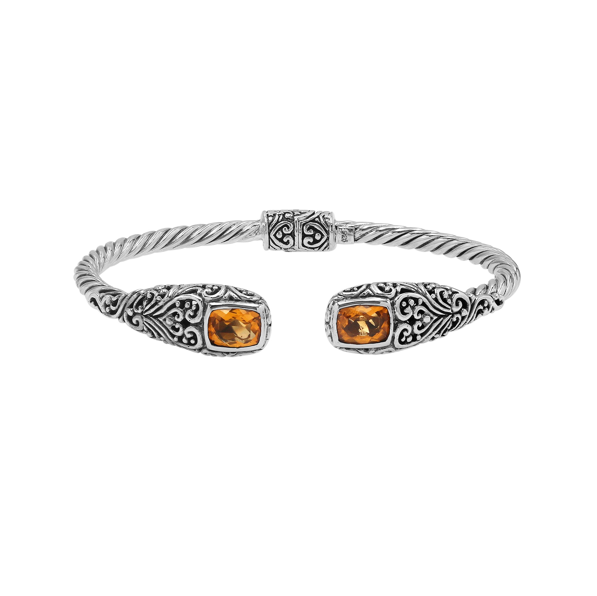 Sterling silver twisted bangle with citrine quartz ends and Balinese oxidized detailing