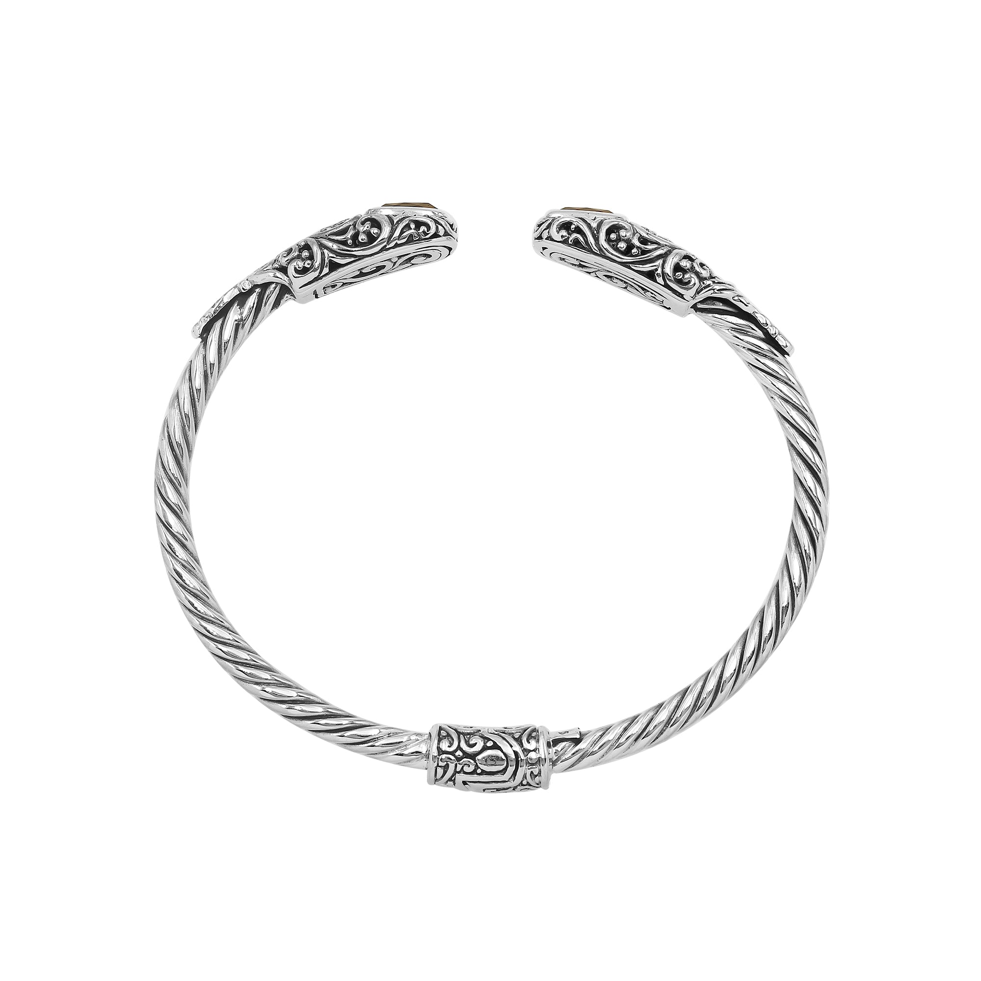 Sterling silver twisted bangle with citrine quartz ends and Balinese oxidized detailing