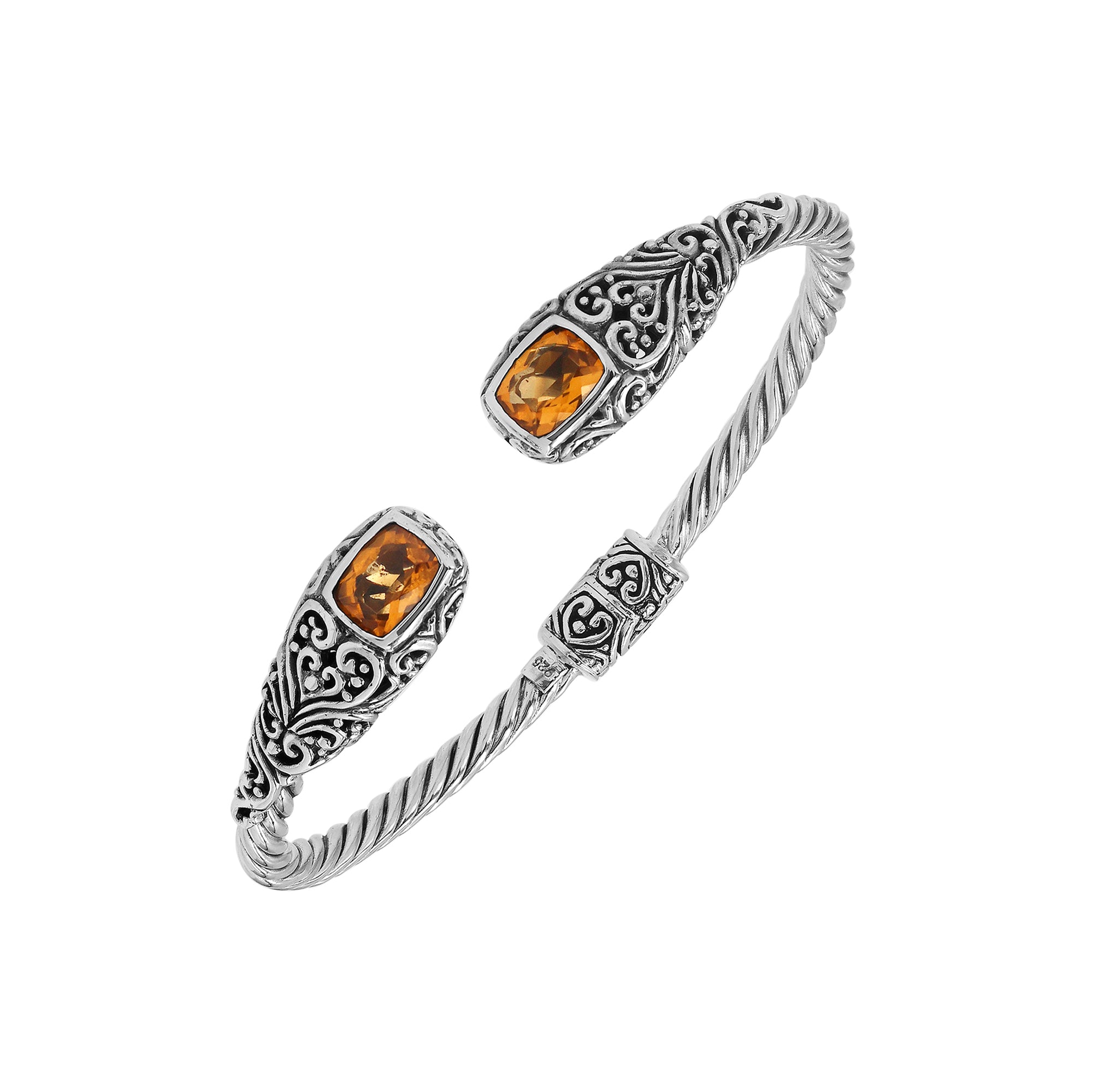Sterling silver twisted bangle with citrine quartz ends and Balinese oxidized detailing