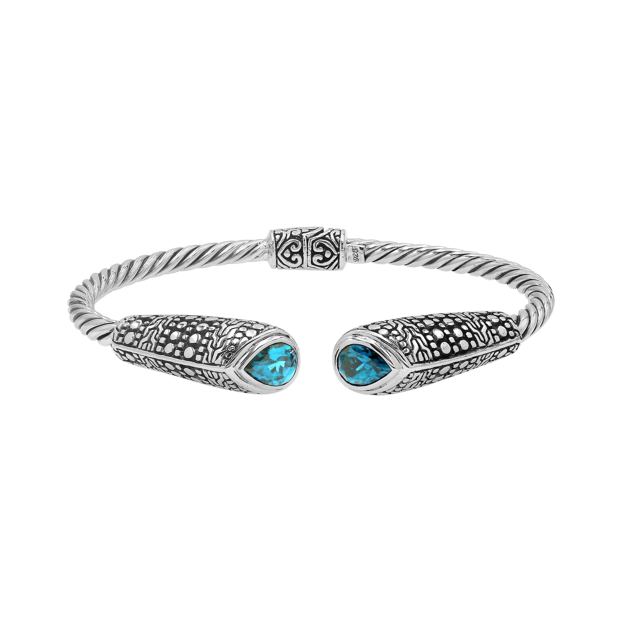 Elegant sterling silver open bangle with blue topaz quartz accents and Balinese dot design