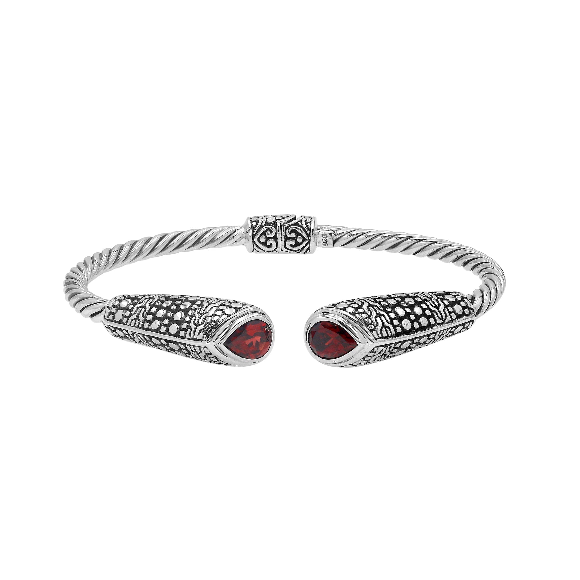 Elegant sterling silver open bangle with garnet quartz accents and Balinese dot design