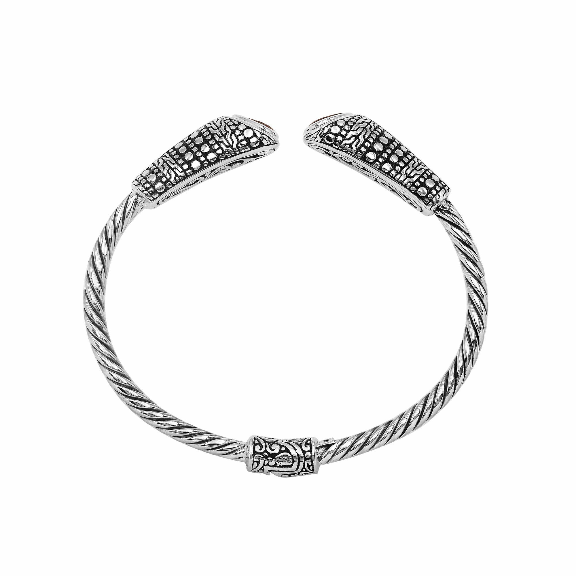 Elegant sterling silver open bangle with garnet quartz accents and Balinese dot design