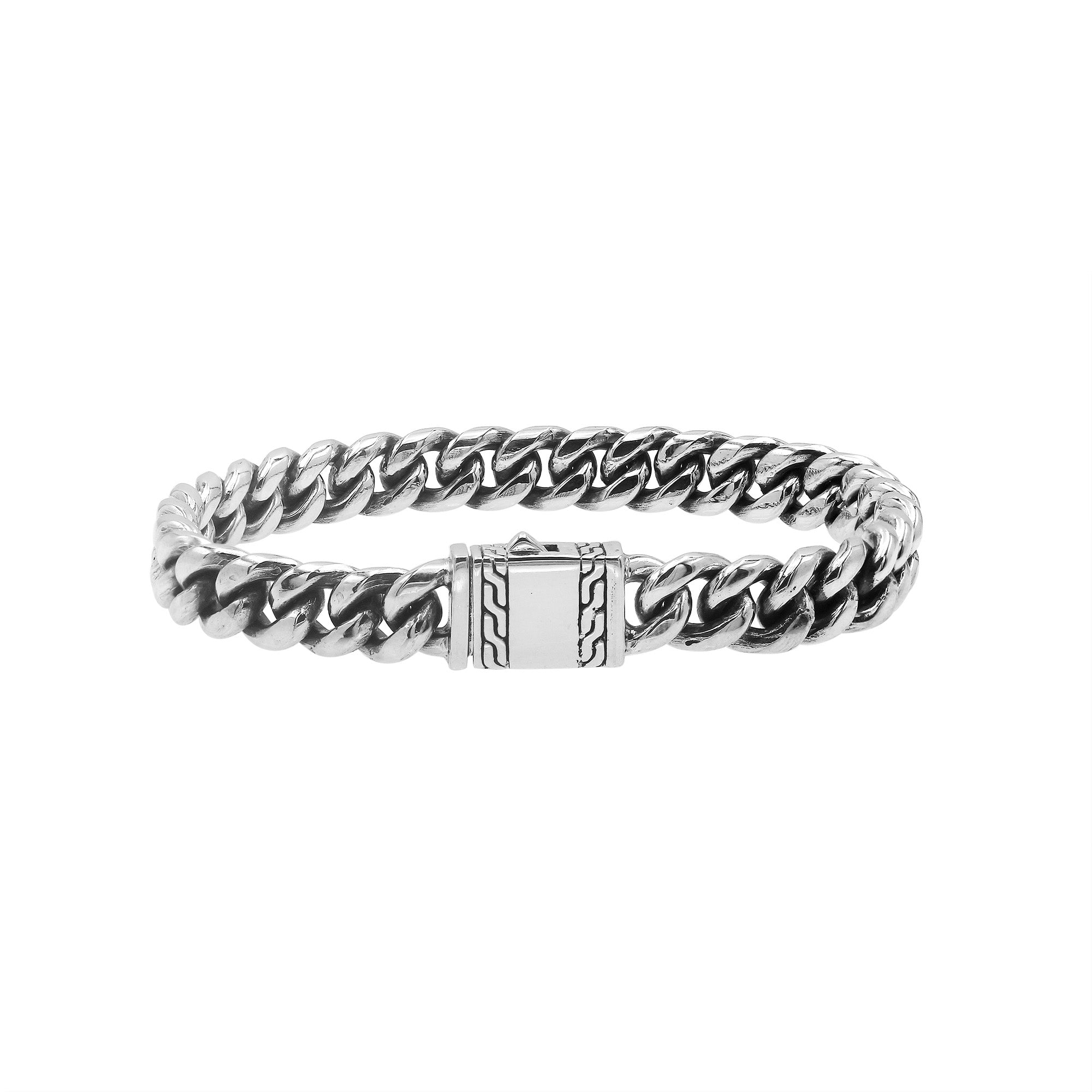 Elegant sterling silver Cuban chain bracelet with polished links and engraved clasp