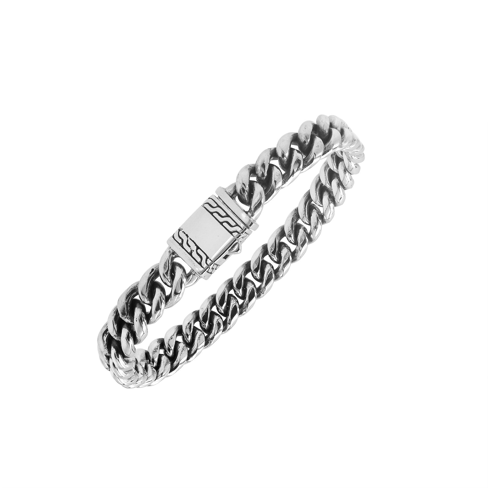 Elegant sterling silver Cuban chain bracelet with polished links and engraved clasp