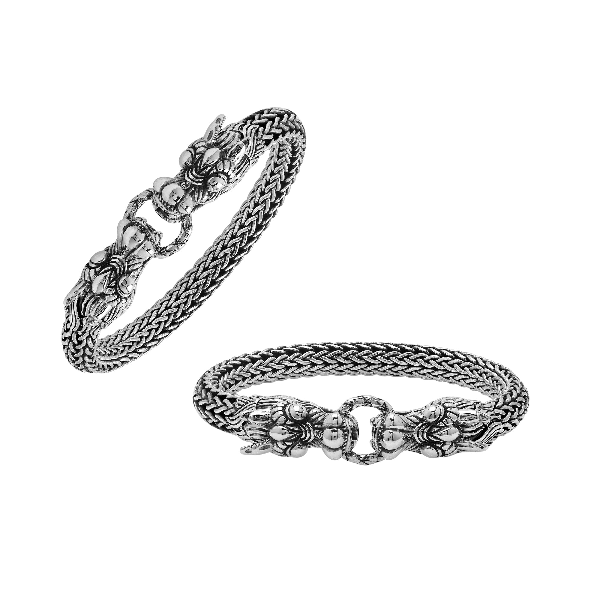 Sterling silver woven bracelet with double dragon head design and Balinese detailing