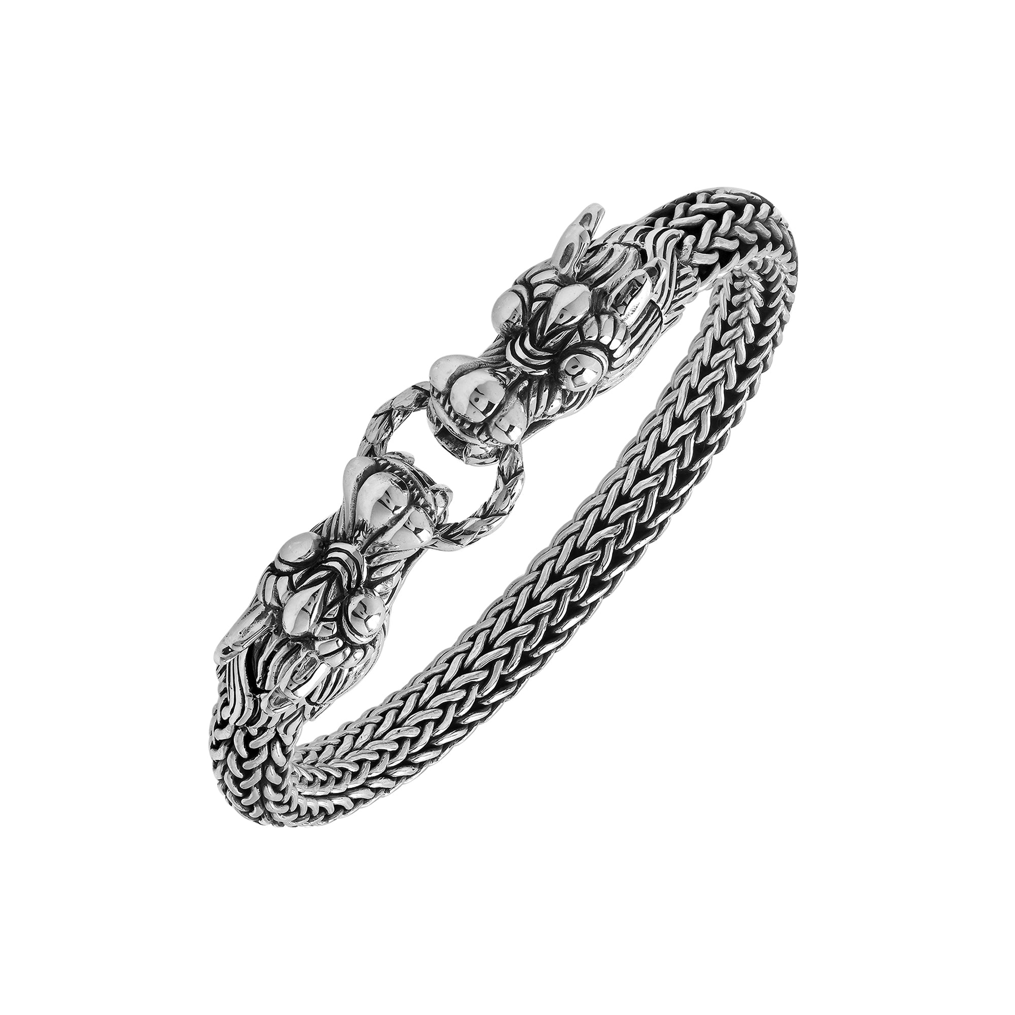 Sterling silver woven bracelet with double dragon head design and Balinese detailing