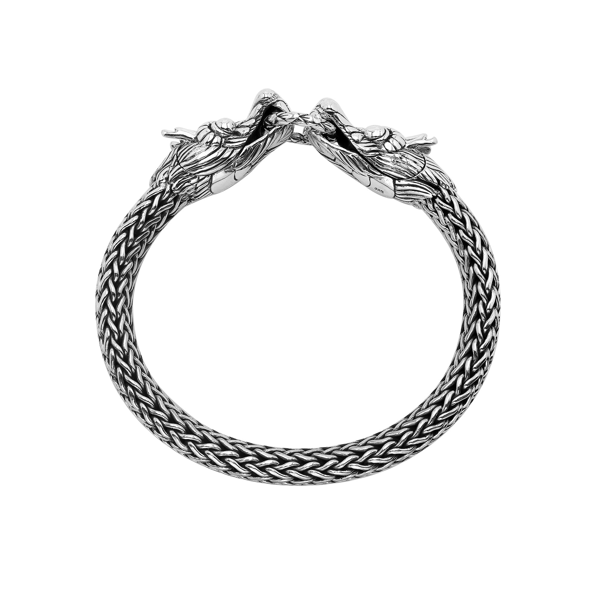 Sterling silver woven bracelet with double dragon head design and Balinese detailing