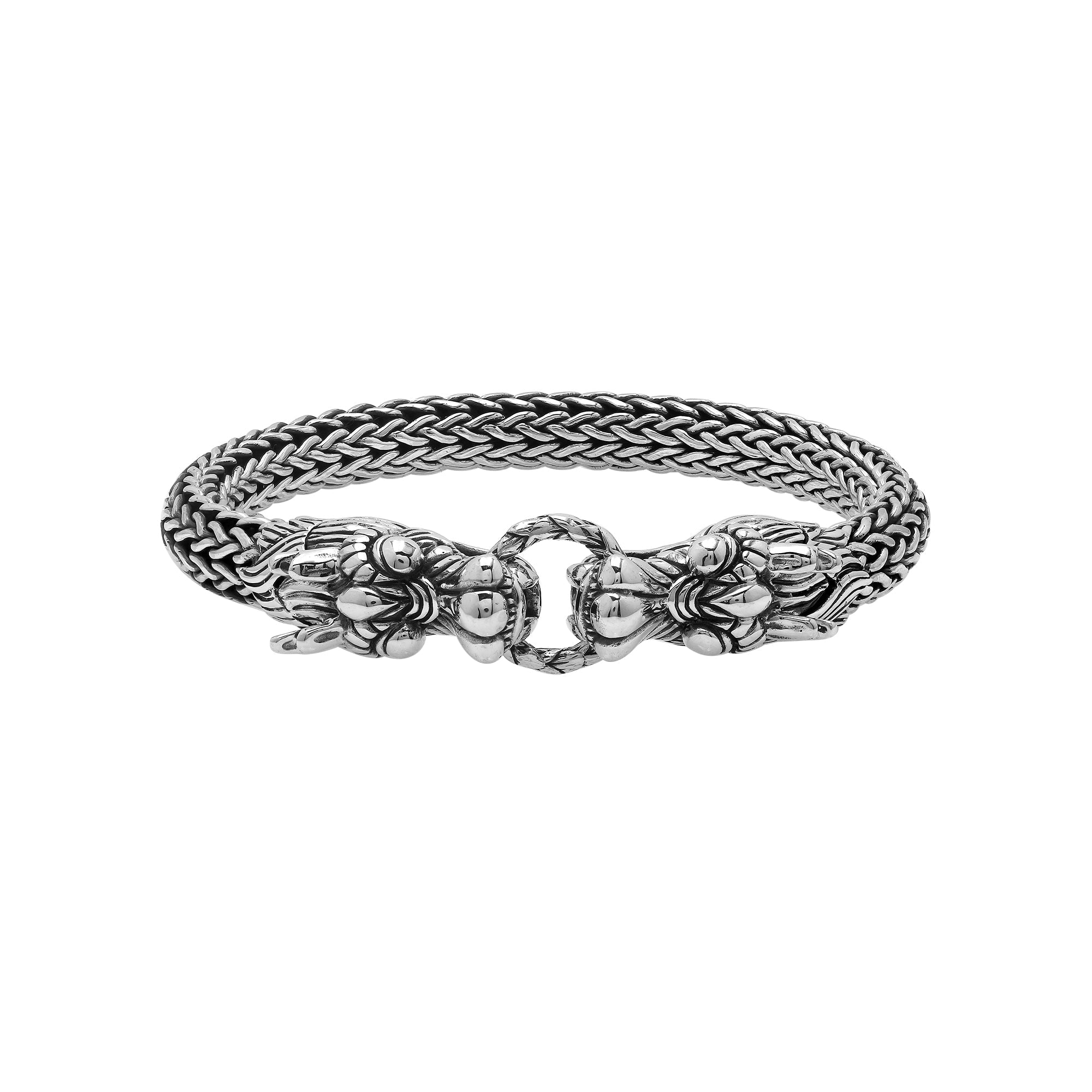 Sterling silver woven bracelet with double dragon head design and Balinese detailing